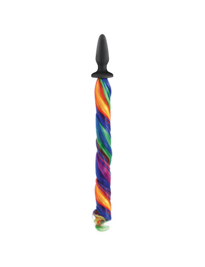 Чёрная анальная пробка с радужным хвостом Unicorn Tails Rainbow