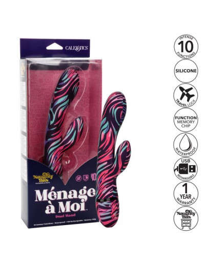 Черный вибратор-кролик Menage ? Moi Dual Wand с ярким принтом - 21 см.