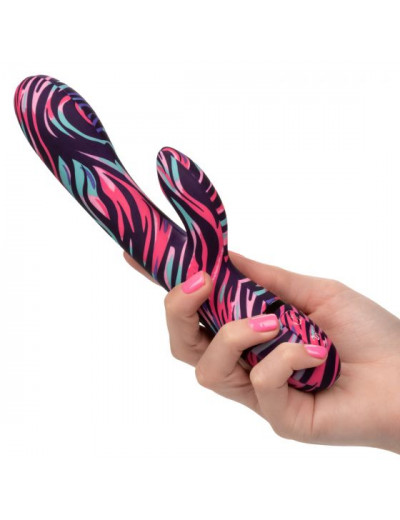 Черный вибратор-кролик Menage ? Moi Dual Wand с ярким принтом - 21 см.