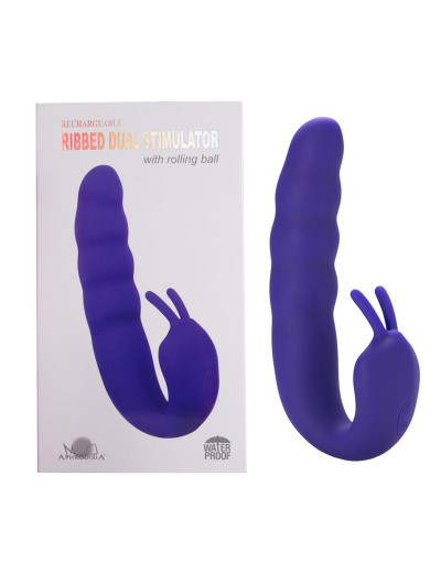 Фиолетовый вибратор Ribbed Dual Stimulator with Rolling Ball - 17 см.