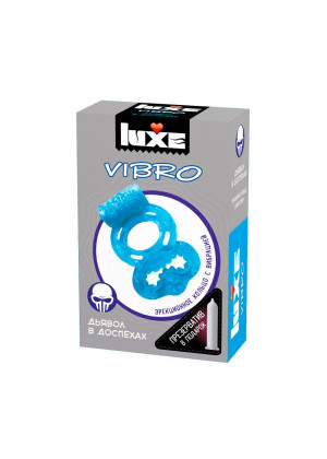 Голубое эрекционное виброкольцо Luxe VIBRO  Дьявол в доспехах  + презерватив