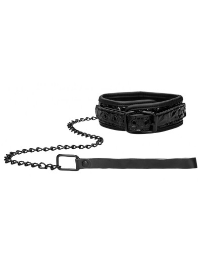 Черный широкий ошейник с поводком Luxury Collar with Leash