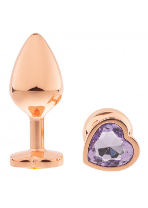 Золотистая анальная пробка OYO с сиреневым кристаллом-сердцем - 7,3 см.