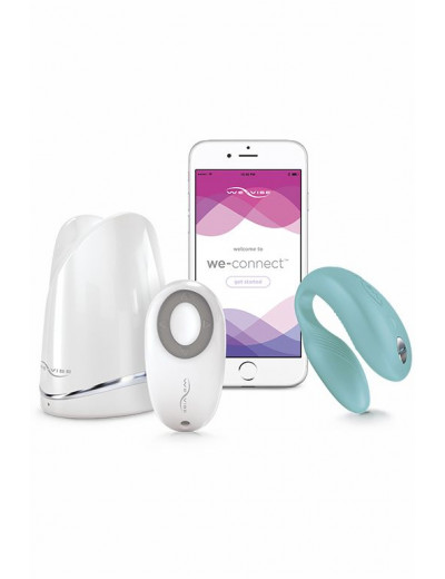 Голубой вибромассажер для пар We-Vibe Sync Aqua на радиоуправлении