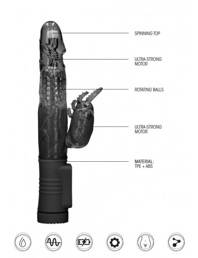 Черный вибратор-кролик Rotating Beetle - 22 см.
